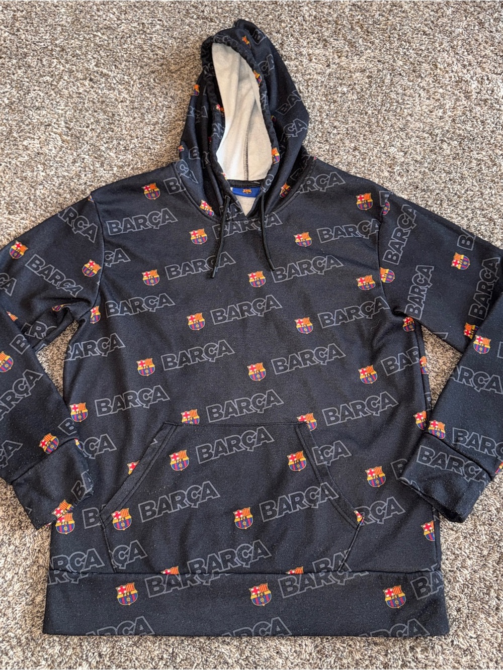 FC Barcelona Sweatshirt Mens Medium Soccer Pullover Hoodie Black FCB AOP Crest